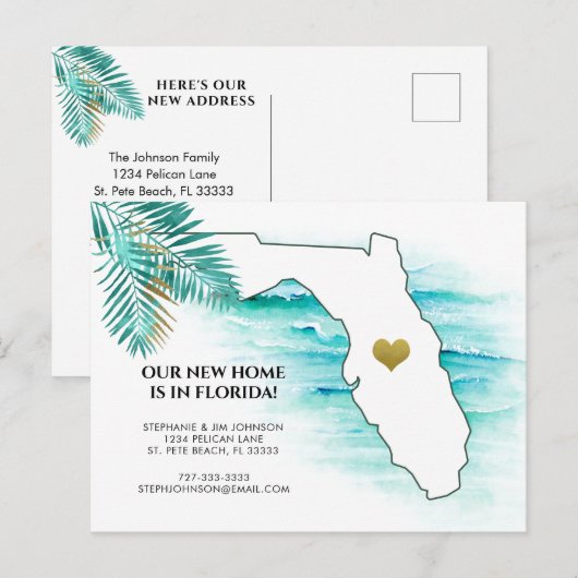 New Address Florida Map Gold Heart Moving Aankondigingskaart (Voorkant / Achterkant)