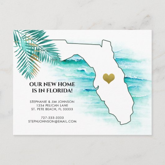 New Address Florida Map Gold Heart Moving Aankondigingskaart (Voorkant)