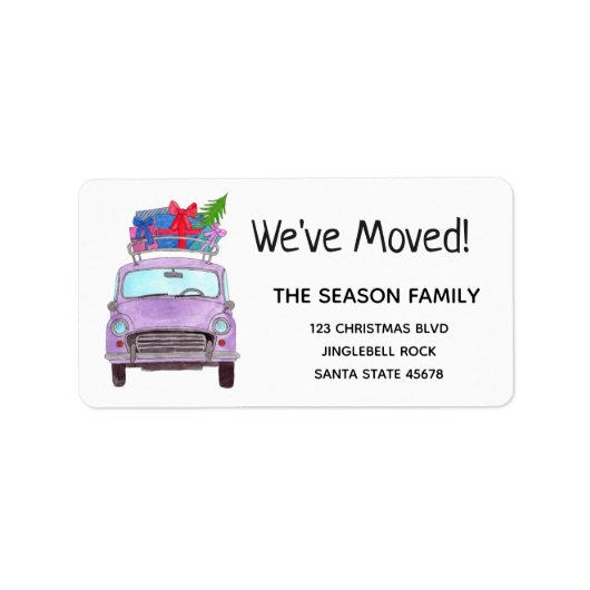 New Address Purple Car met Christmas Gifts Etiket (Voorkant)