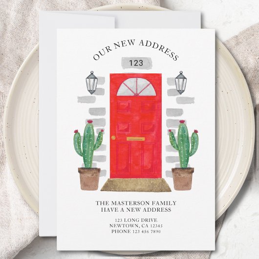 New Address Red Door Watercolor Cacti Aankondiging