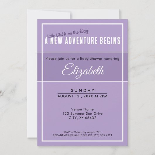 New Adventure Begins Purple Babyshower Invitation Kaart (Voorkant)