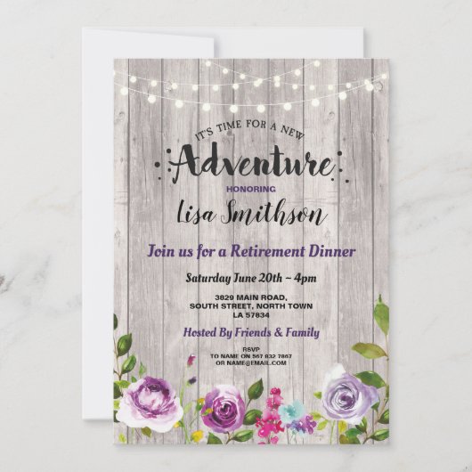 New Adventure Floral Wood Paars Retirement Party Kaart (Voorkant)