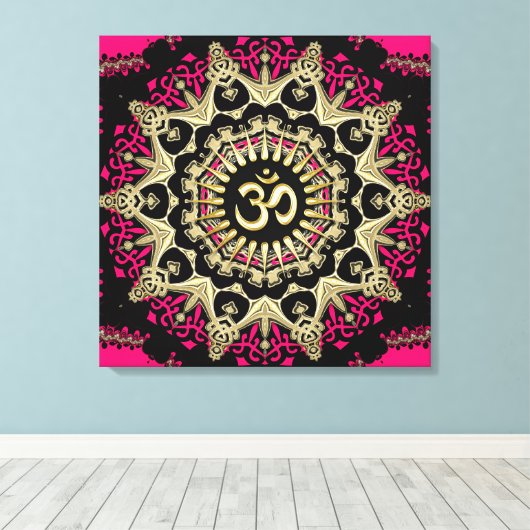 New age Heet Pink+Gold Aum Mandala Canvas Afdruk (Insitu (Houten vloer))