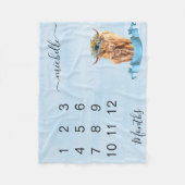 New Baby Baby Milestone Highland Koe Blue Fleece Deken (Voorkant)