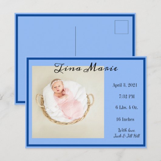 New Baby Birth Aankondiging Blauwe Foto Briefkaart (Voorkant / Achterkant)
