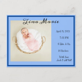 New Baby Birth Aankondiging Blauwe Foto Briefkaart