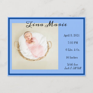 New Baby Birth Aankondiging Blauwe Foto Briefkaart