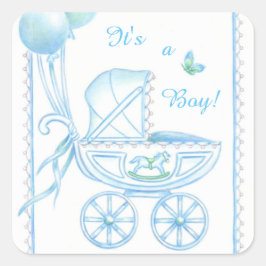 New Baby Boy Blue Buggy en ballonnen Vierkante Sticker