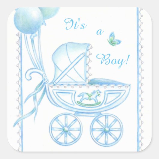 New Baby Boy Blue Buggy en ballonnen Vierkante Sticker (Voorkant)