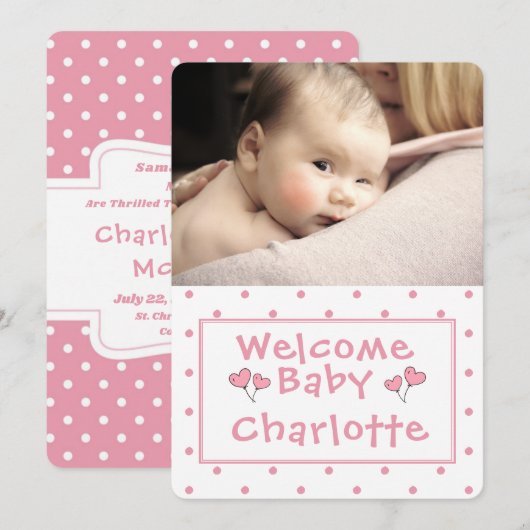 New Baby, Foto aankondiging, Roze Polka-Dot, Kaart (Voorkant / Achterkant)