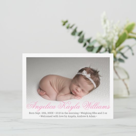 New Baby Girl Newborn Birth Stats roze | FOTO Aankondiging (Staand voorkant)