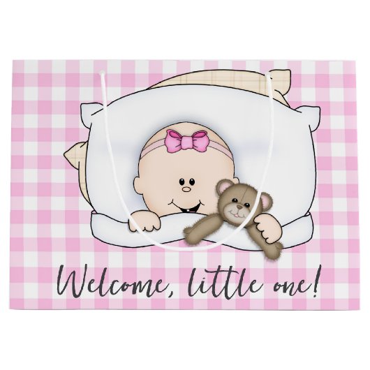 New Baby Girl With Teddy Bear On Gingham Groot Cadeauzakje (Voorkant)