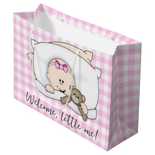 New Baby Girl With Teddy Bear On Gingham Groot Cadeauzakje (Voorkant Gekanteld)