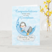New Baby Grandson Blue Penguin Moon Kaart (Gele Bloem)
