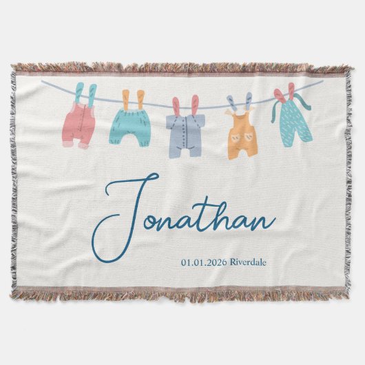 New Baby, Name, Date, Minimal Cute Clothline Deken (Voorkant)