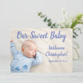 New Baby Photo With Name Blue Aankondiging (Staand voorkant)