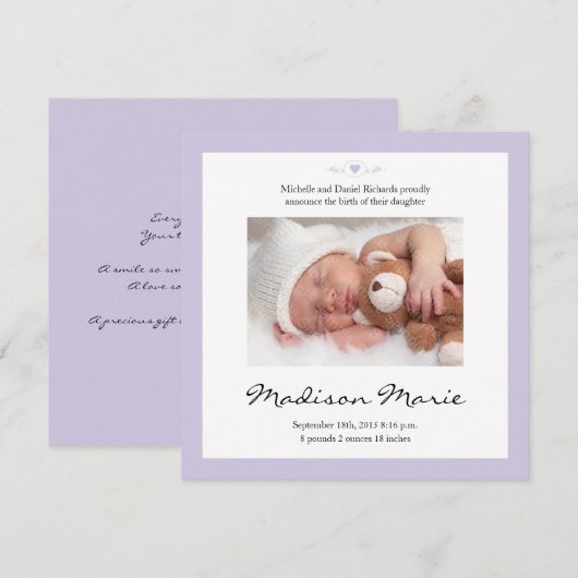 New Baby Poem Birth Announement Paars Aankondiging (Voorkant / Achterkant)