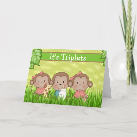 New Baby Triplet Two Girls One Boy Cute Monkey Kaart (Voorkant)