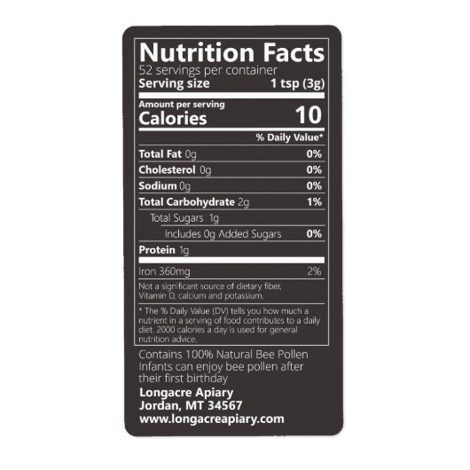 New Bee Pollen Nutrition Facts Jet Black Etiket (Voorkant)