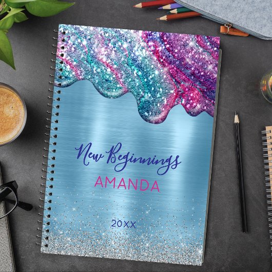 New beginning dusty blue purple drips large custom notitieboek