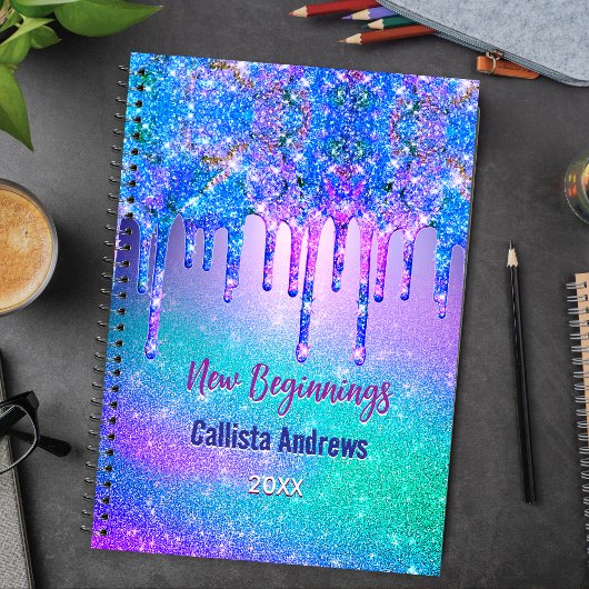 New beginnings blue ombre drips monogram large notitieboek