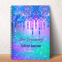 New beginnings blue ombre glitter drips monogram notitieboek