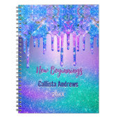 New beginnings blue ombre glitter drips monogram notitieboek (Voorkant)