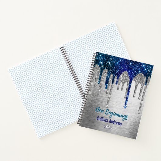 New beginnings Blue silver Drips monogram large Notitieboek (Binnen)