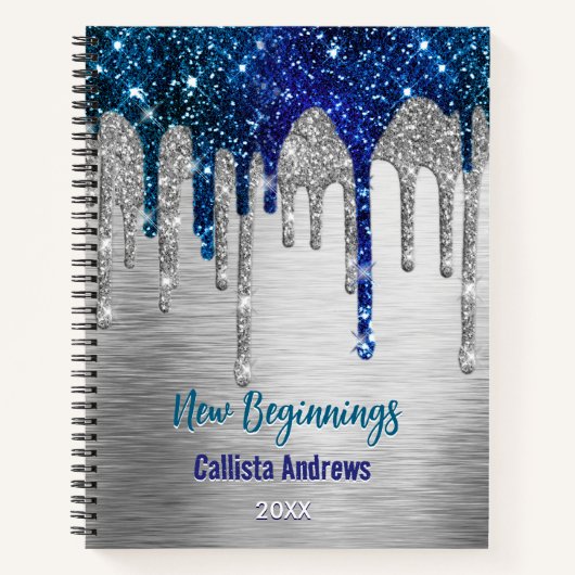 New beginnings Blue silver Drips monogram large Notitieboek (Voorkant)