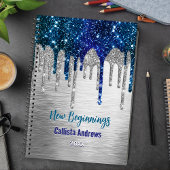New beginnings Blue silver Drips monogram large Notitieboek