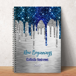 New beginnings Blue silver glitter Drips monogram Notitieboek