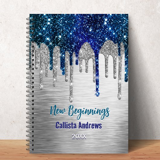 New beginnings Blue silver glitter Drips monogram Notitieboek