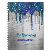New beginnings Blue silver glitter Drips monogram Notitieboek (Voorkant)