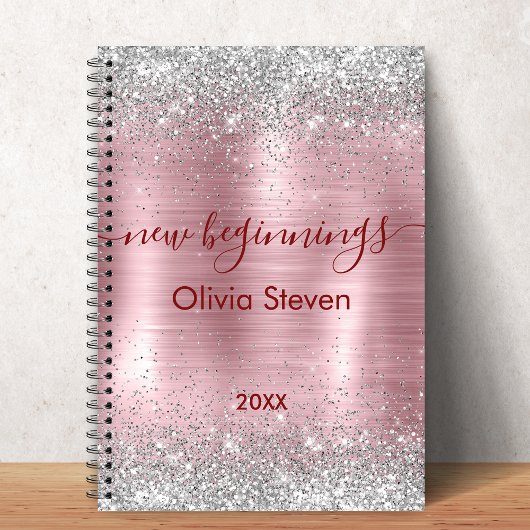 new beginnings blush silver faux glitter monogram notitieboek