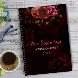 New beginnings dark red black floral large notitieboek