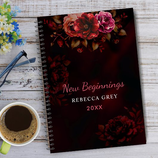 New beginnings dark red black floral large notitieboek