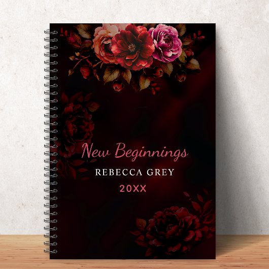 New beginnings dark red black floral notitieboek