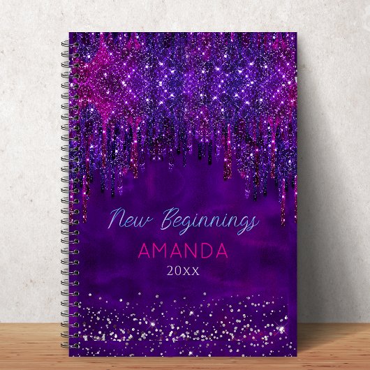 New beginnings Purple faux glitter Drips custom Notitieboek