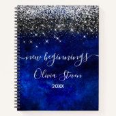 New beginnings royal blue faux glitter large notitieboek (Voorkant)