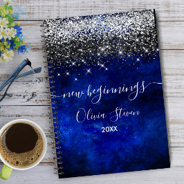 New beginnings royal blue silver faux glitter notitieboek