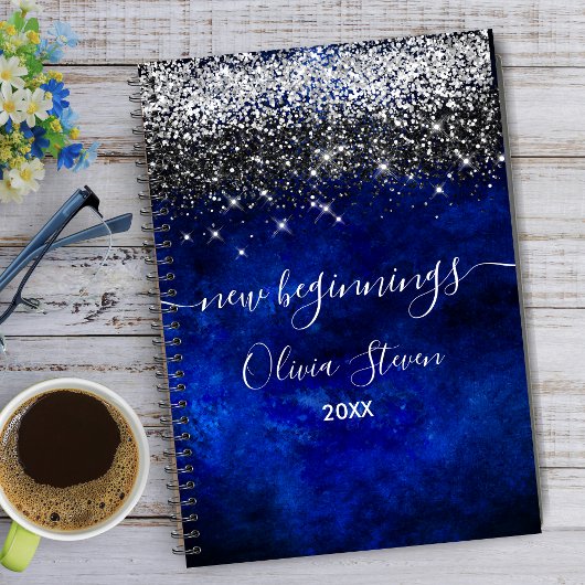New beginnings royal blue silver faux glitter notitieboek