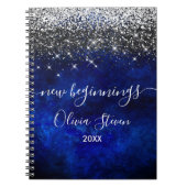 New beginnings royal blue silver faux glitter notitieboek (Voorkant)