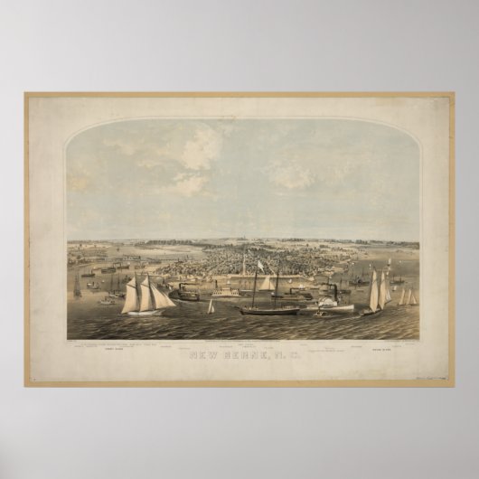 New Bern North Carolina 1864 Antiek Panorama Poster (Voorkant)