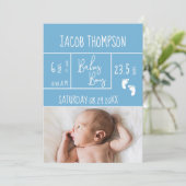 New Blue Baby Boy Birth Notice Birth Birth Stats Aankondiging (Staand voorkant)