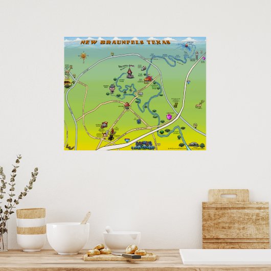 New Braunfels Texas Cartoon Map Poster (Keuken)