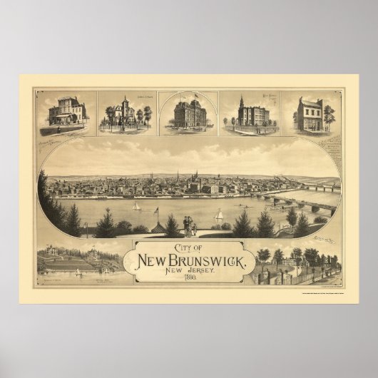 New Brunswick, NJ Panoramic Map - 1880 Poster (Voorkant)