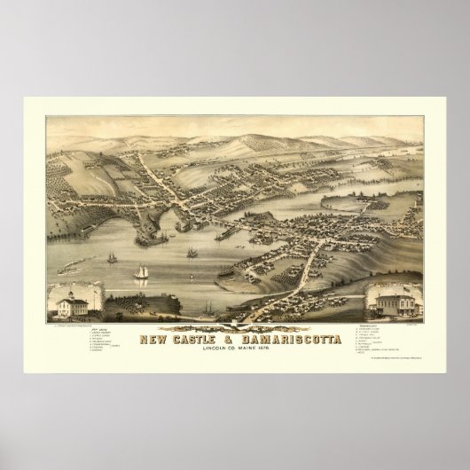 New Castle & Damariscotta, ME Panoramic Map - 1878 Poster (Voorkant)