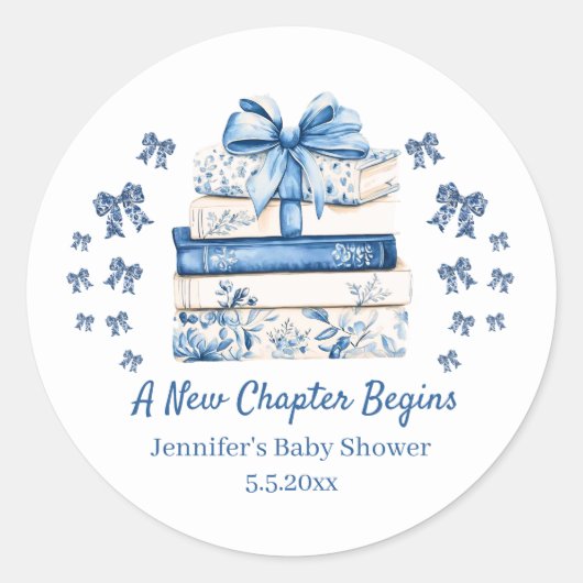 new chapter begins,blue bow books baby shower cute ronde sticker (Voorkant)