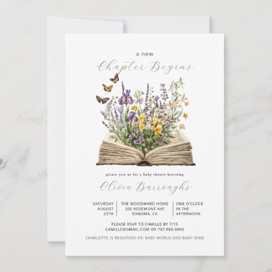 New Chapter Begins Book Wildflowers Baby Shower Kaart (Voorkant)