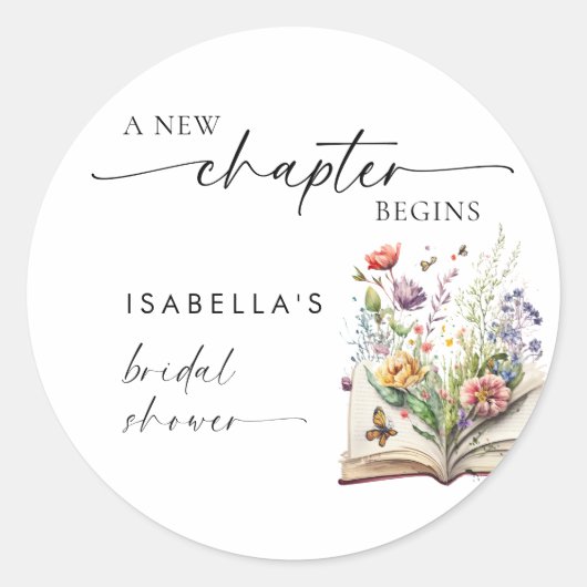 New Chapter Begins Floral Book Bridal Shower Ronde Sticker (Voorkant)